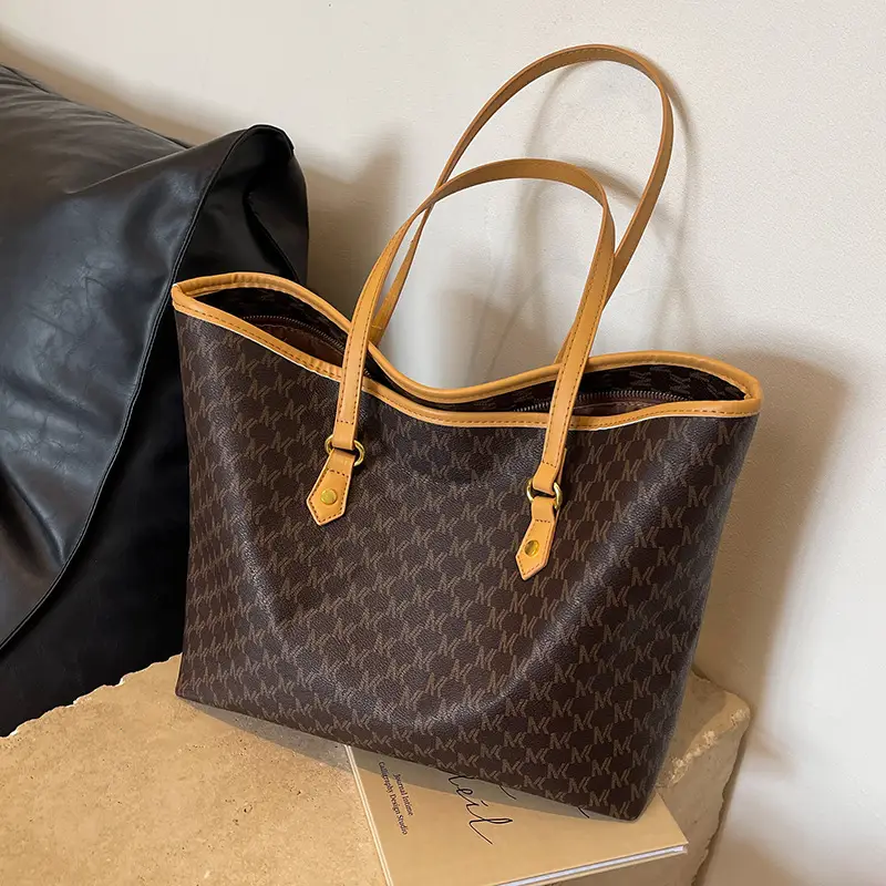 Women's Brown Monogram Tote Bag with Leather Handles - Image 3