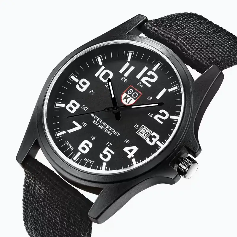 Men's Military Style Black Watch with Calendar & Nylon Strap - Image 2