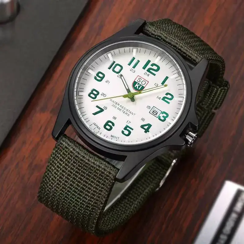 Men's Military Style Black Watch with Calendar & Nylon Strap — feature 2