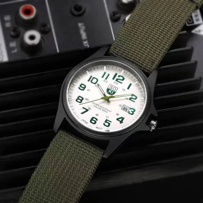 Men's Military Style Black Watch with Calendar & Nylon Strap — feature 4