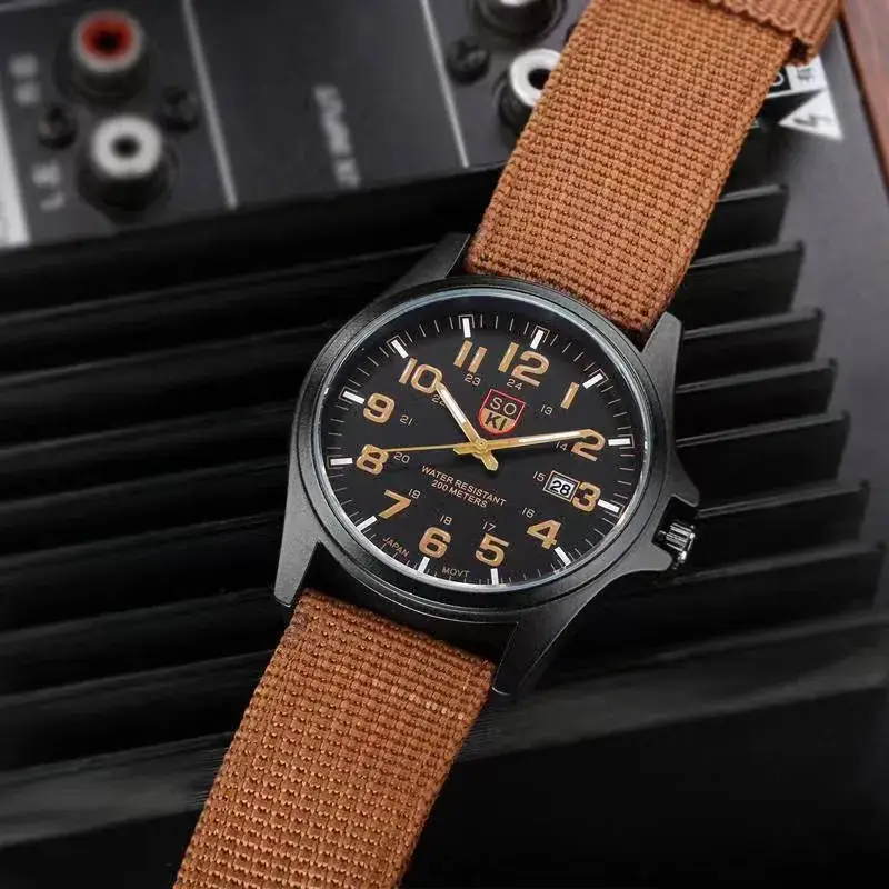 Men's Military Style Black Watch with Calendar & Nylon Strap — feature 5