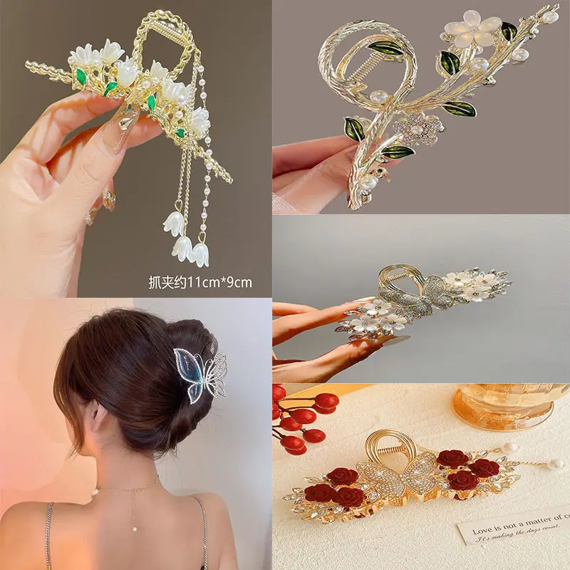 Gold Pearl Tassel Hairpin with Green Emerald Clips
