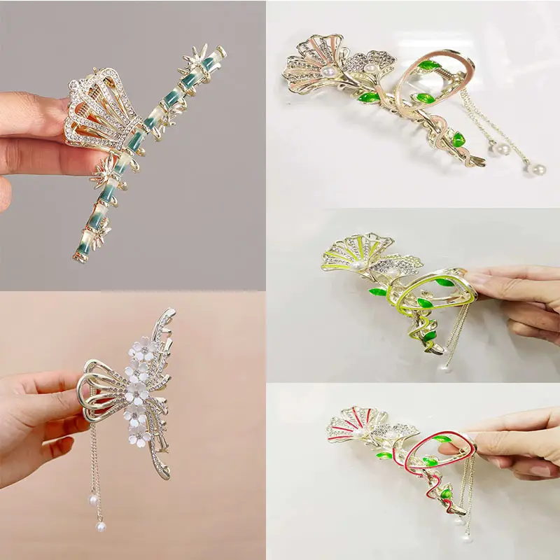 Gold Pearl Tassel Hairpin with Green Emerald Clips — feature 1