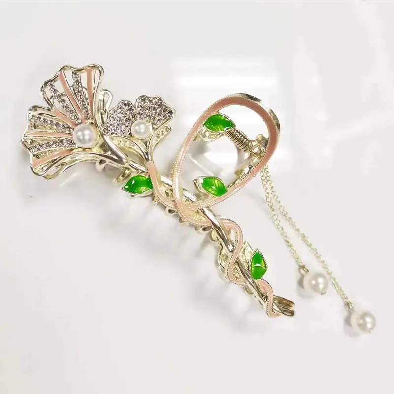 Gold Pearl Tassel Hairpin with Green Emerald Clips