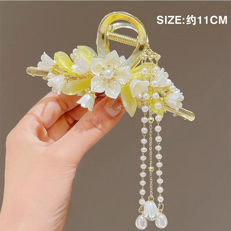 Gold Pearl Tassel Hairpin with Green Emerald Clips