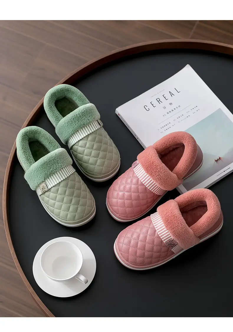Waterproof Cotton Slippers Women's Autumn and Winter Bag Heel for Home Elderly Non-slip fleece-lined Warm Thick-soled Household pu Leather Cotton Shoes — feature 14