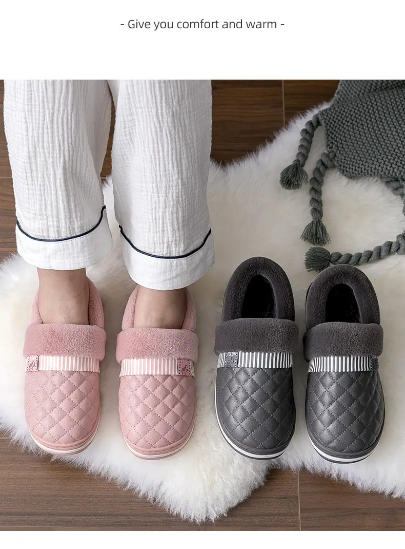 Waterproof Cotton Slippers Women's Autumn and Winter Bag Heel for Home Elderly Non-slip fleece-lined Warm Thick-soled Household pu Leather Cotton Shoes — feature 15