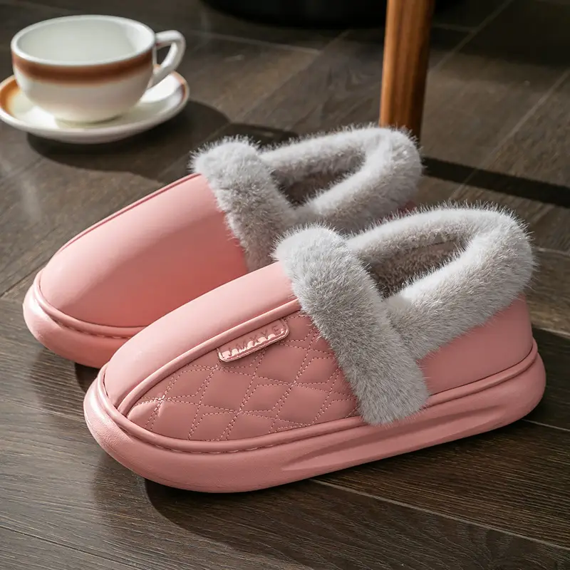 Waterproof Cotton Slippers Women's Autumn and Winter Bag Heel for Home Elderly Non-slip fleece-lined Warm Thick-soled Household pu Leather Cotton Shoes - Image 2