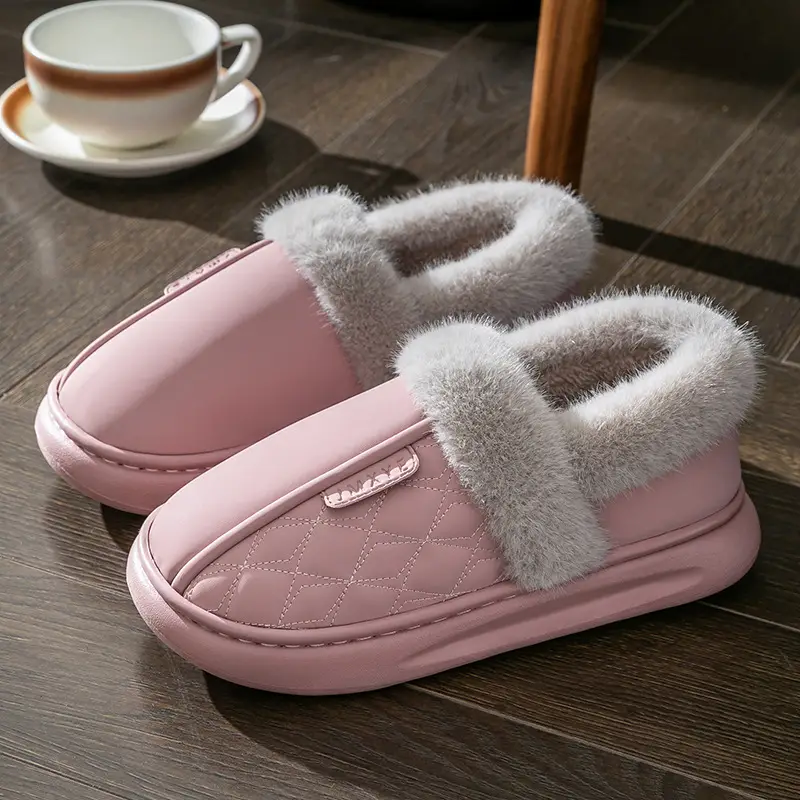 Waterproof Cotton Slippers Women's Autumn and Winter Bag Heel for Home Elderly Non-slip fleece-lined Warm Thick-soled Household pu Leather Cotton Shoes - Image 3
