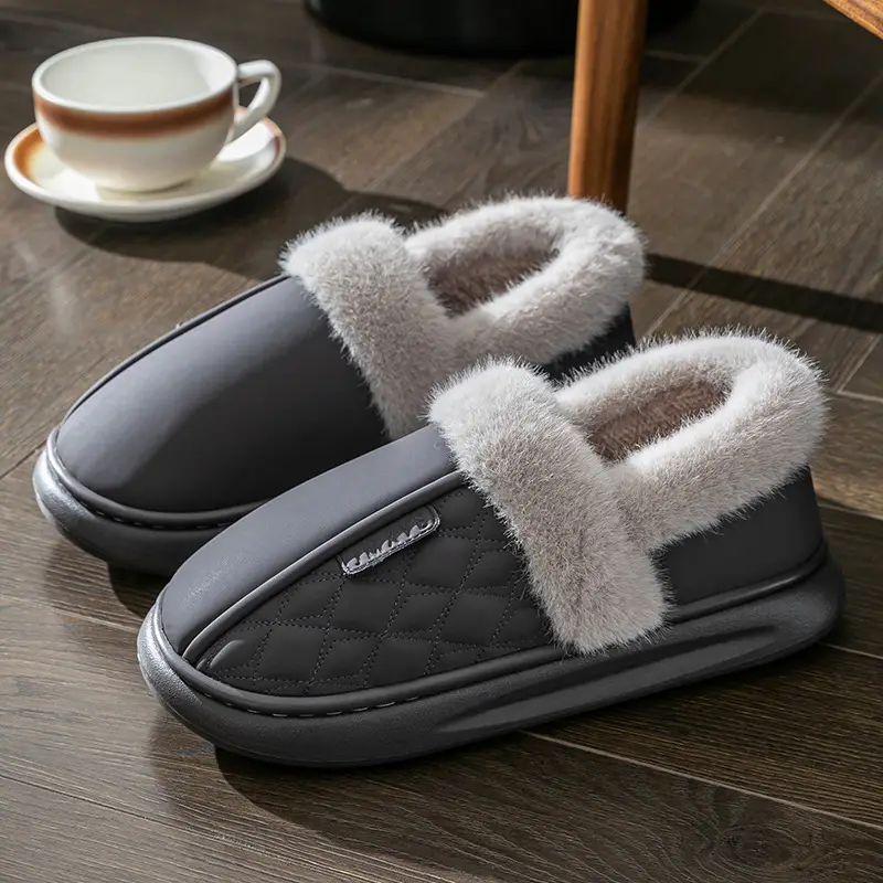 Waterproof Cotton Slippers Women's Autumn and Winter Bag Heel for Home Elderly Non-slip fleece-lined Warm Thick-soled Household pu Leather Cotton Shoes - Image 4