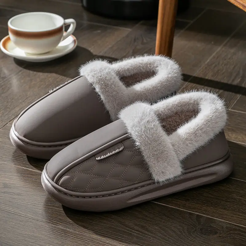 Waterproof Cotton Slippers Women's Autumn and Winter Bag Heel for Home Elderly Non-slip fleece-lined Warm Thick-soled Household pu Leather Cotton Shoes - Image 5
