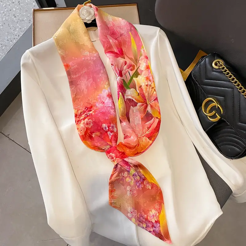 Silk Scarf Orange Green Floral Women's Belt Scarf - Image 2