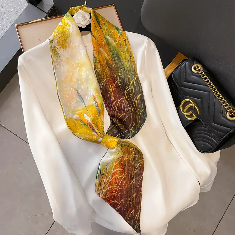 Silk Scarf Orange Green Floral Women's Belt Scarf - Image 3