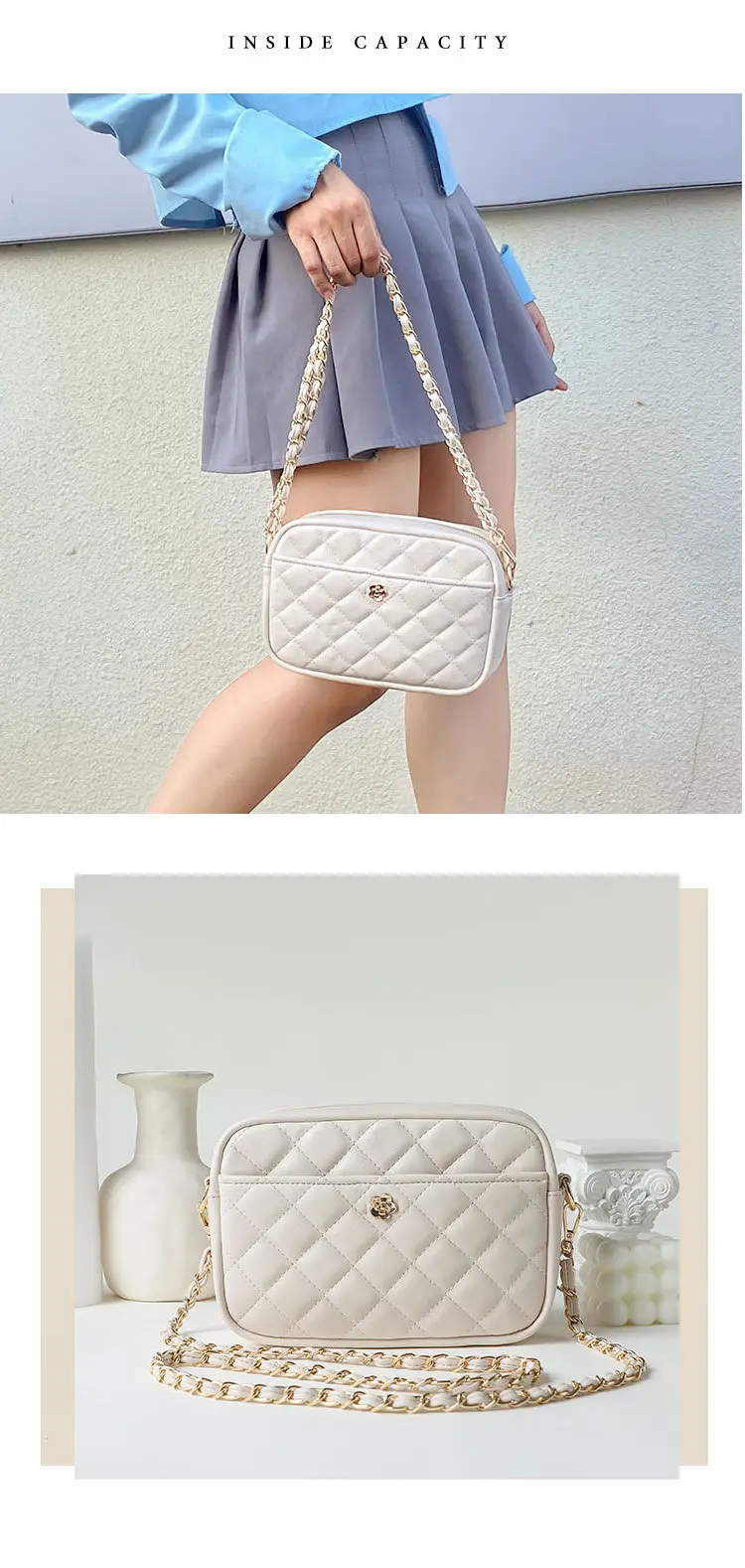 Trendy Women's Quilted Chain Bag Set White & Beige — feature 11