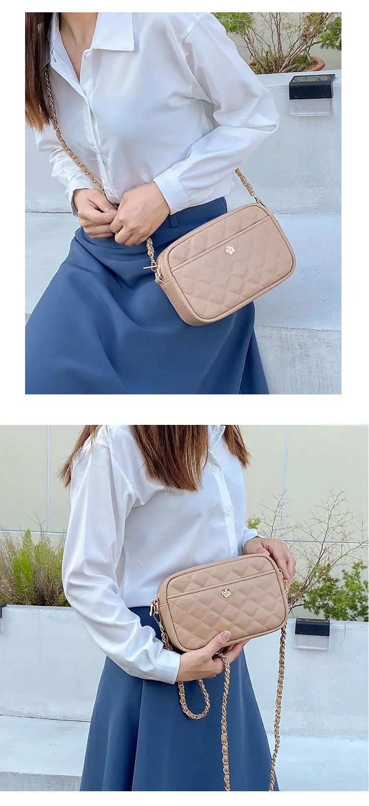 Trendy Women's Quilted Chain Bag Set White & Beige — feature 12