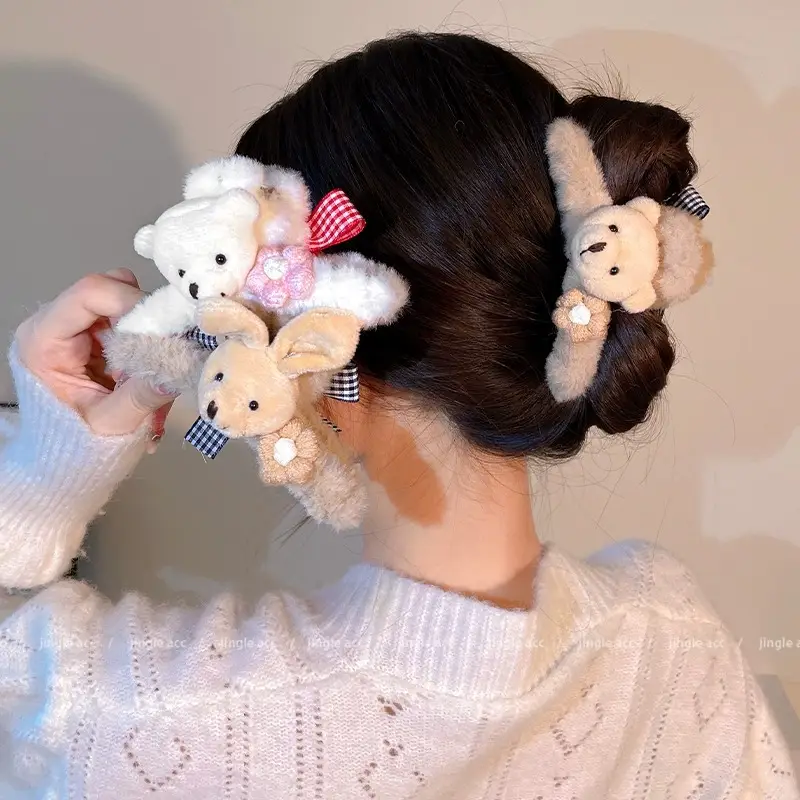 Autumn Bear Plush Hairpins with Bow Accessories