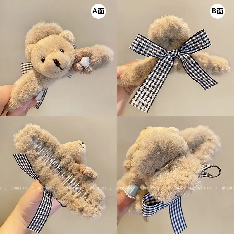 Autumn Bear Plush Hairpins with Bow Accessories