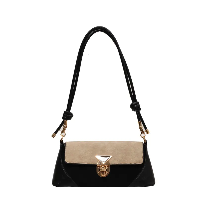 Women's Black Leather Shoulder Bag with Gold Clasp