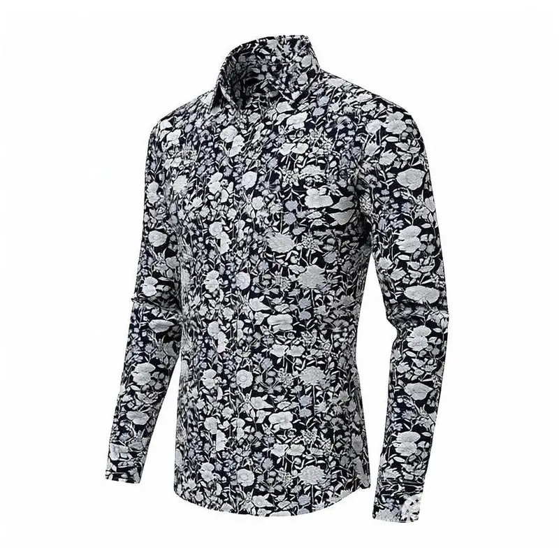 Men Printed Long Sleeve Shirt Extra Large Black White Floral - Image 8