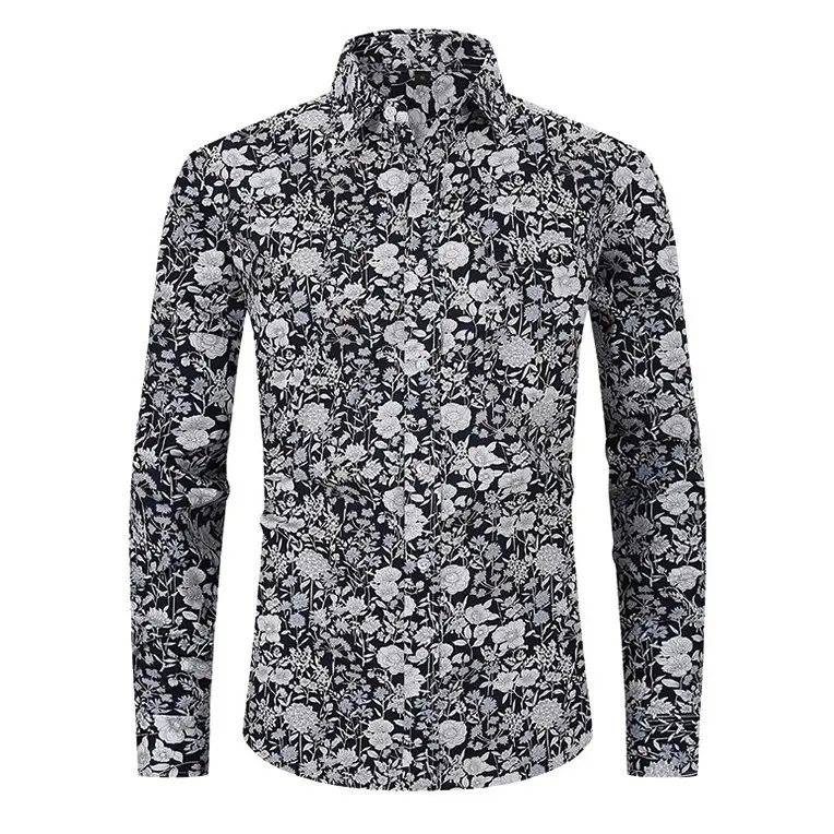 Men Printed Long Sleeve Shirt Extra Large Black White Floral - Image 11