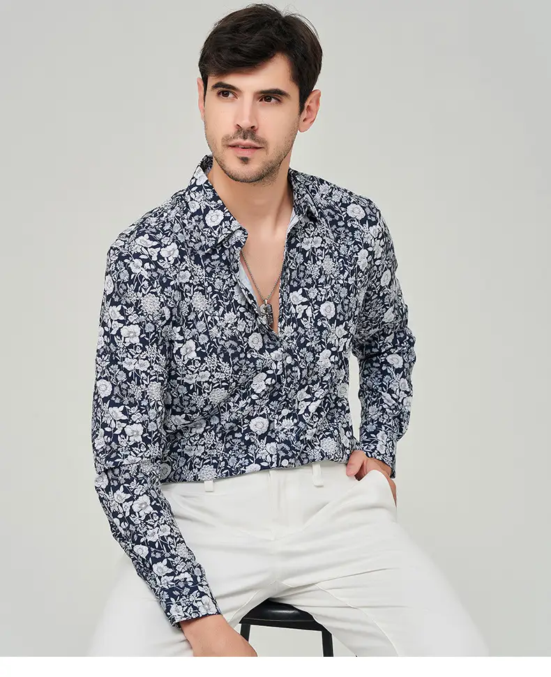 Men Printed Long Sleeve Shirt Extra Large Black White Floral — feature 24