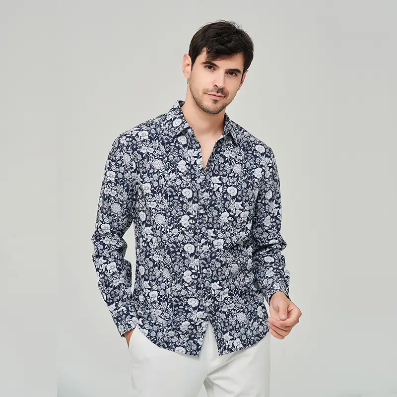 Men Printed Long Sleeve Shirt Extra Large Black White Floral - Image 4