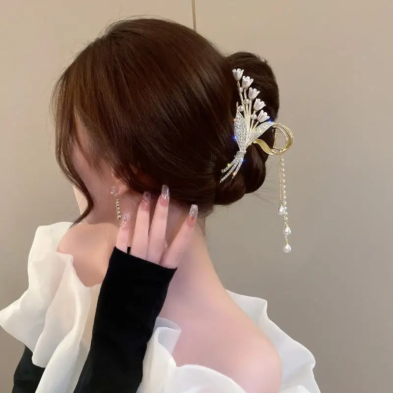 Chinese Style Pearl Rhinestone Hair Clip 11cm - Image 36