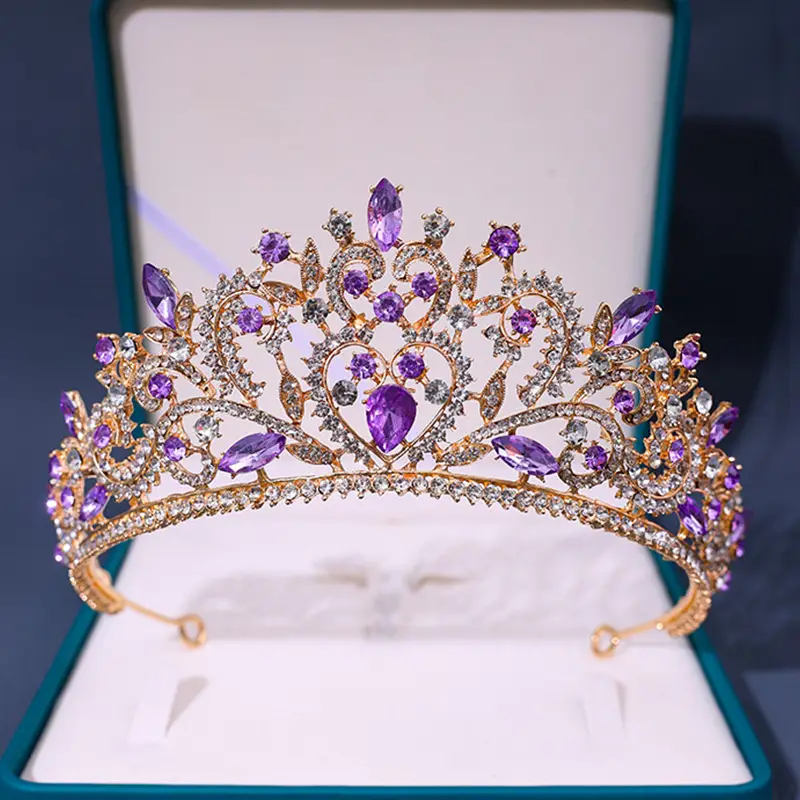 Purple Rhinestone Baroque Crown Tiara for Bridal & Party Wear - Image 6