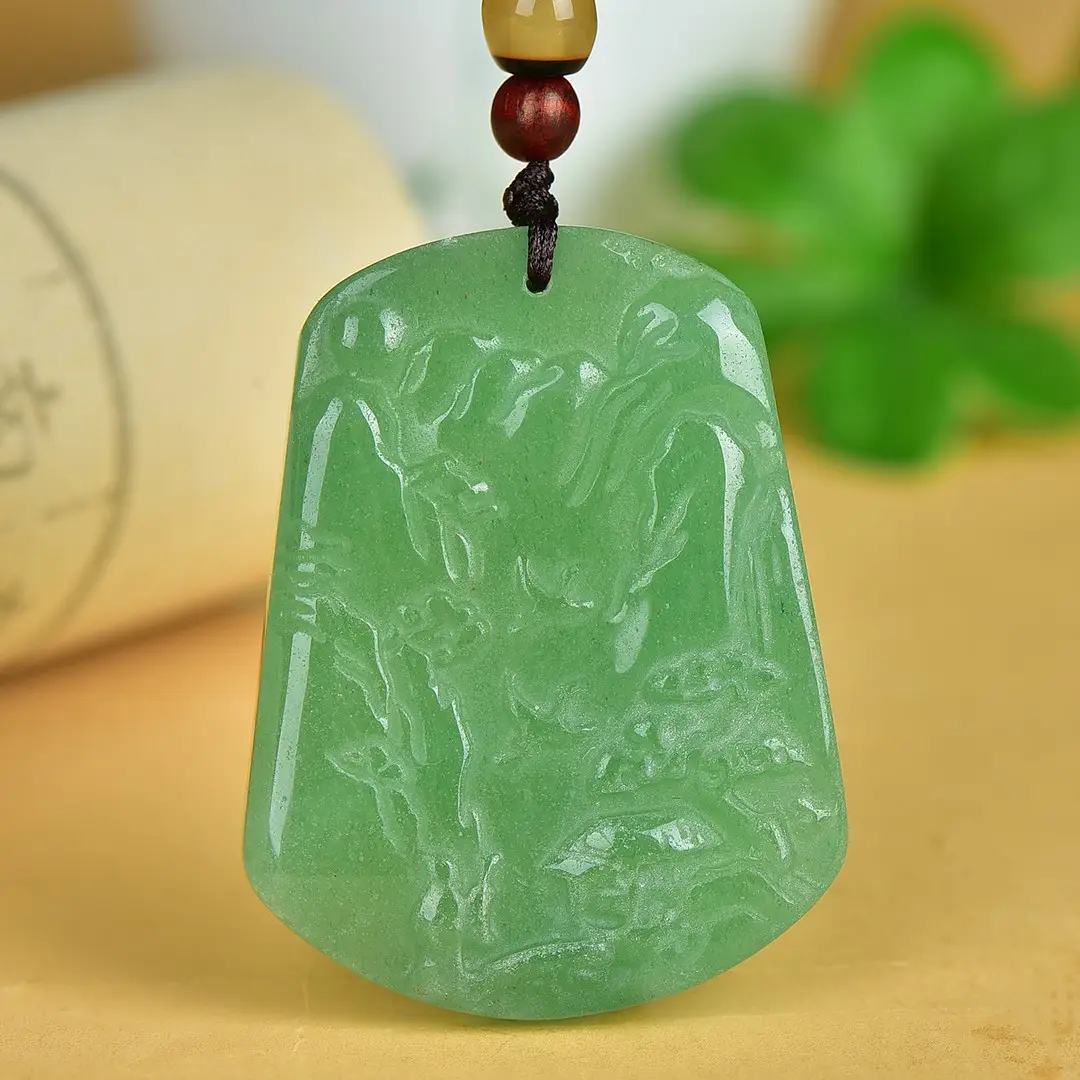 Green Jade Landscape Pendant with Wooden Cord - Image 3