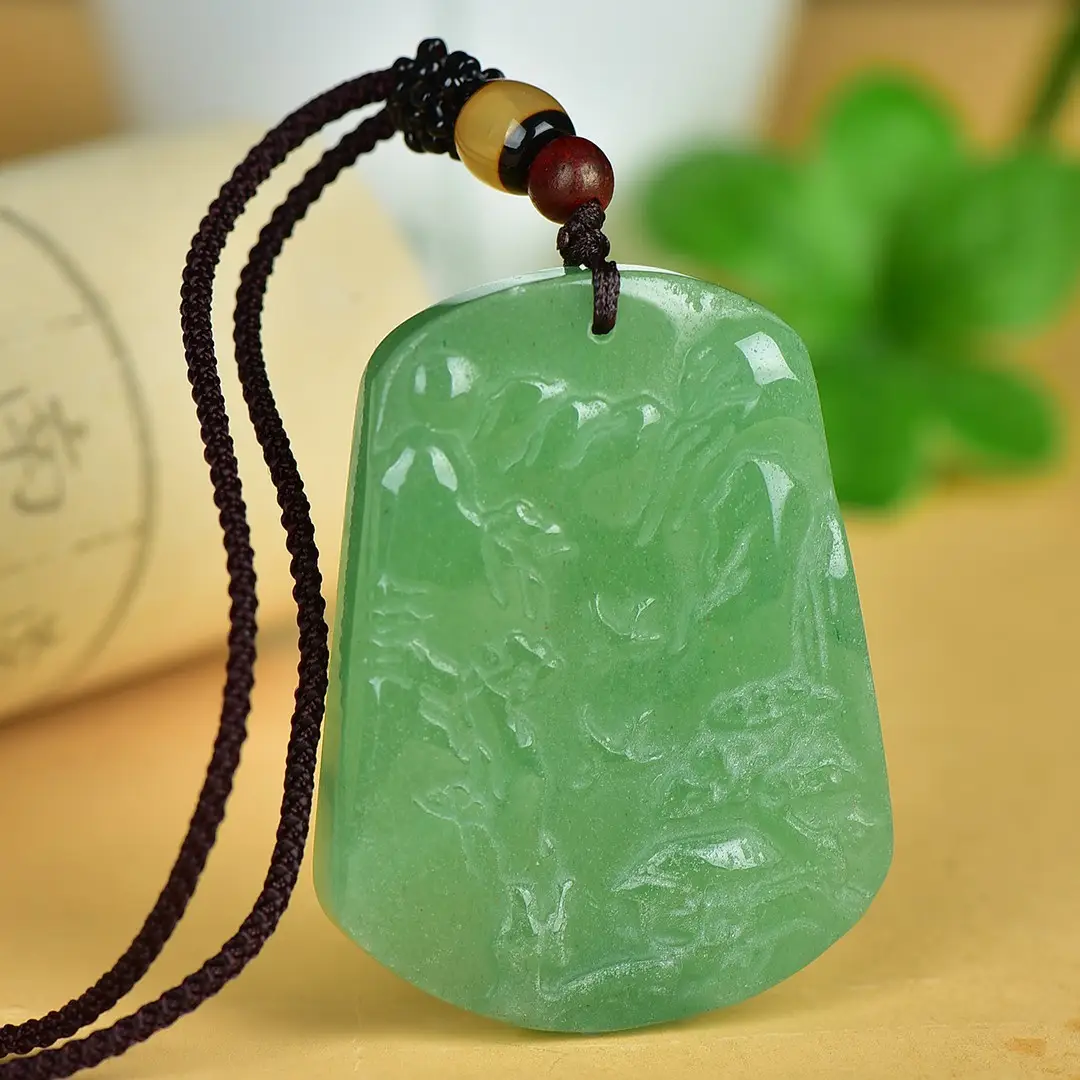 Green Jade Landscape Pendant with Wooden Cord - Image 4