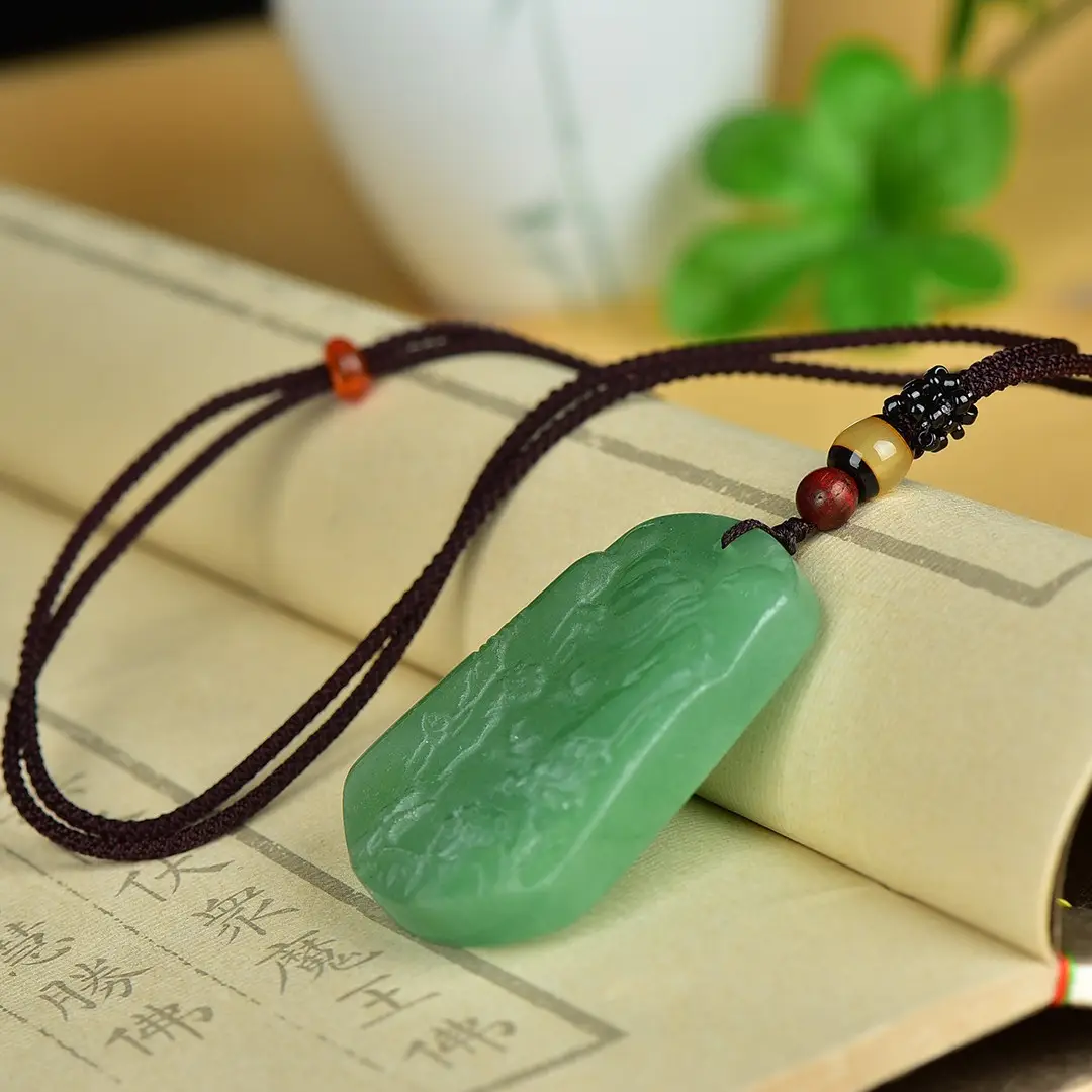 Green Jade Landscape Pendant with Wooden Cord - Image 5