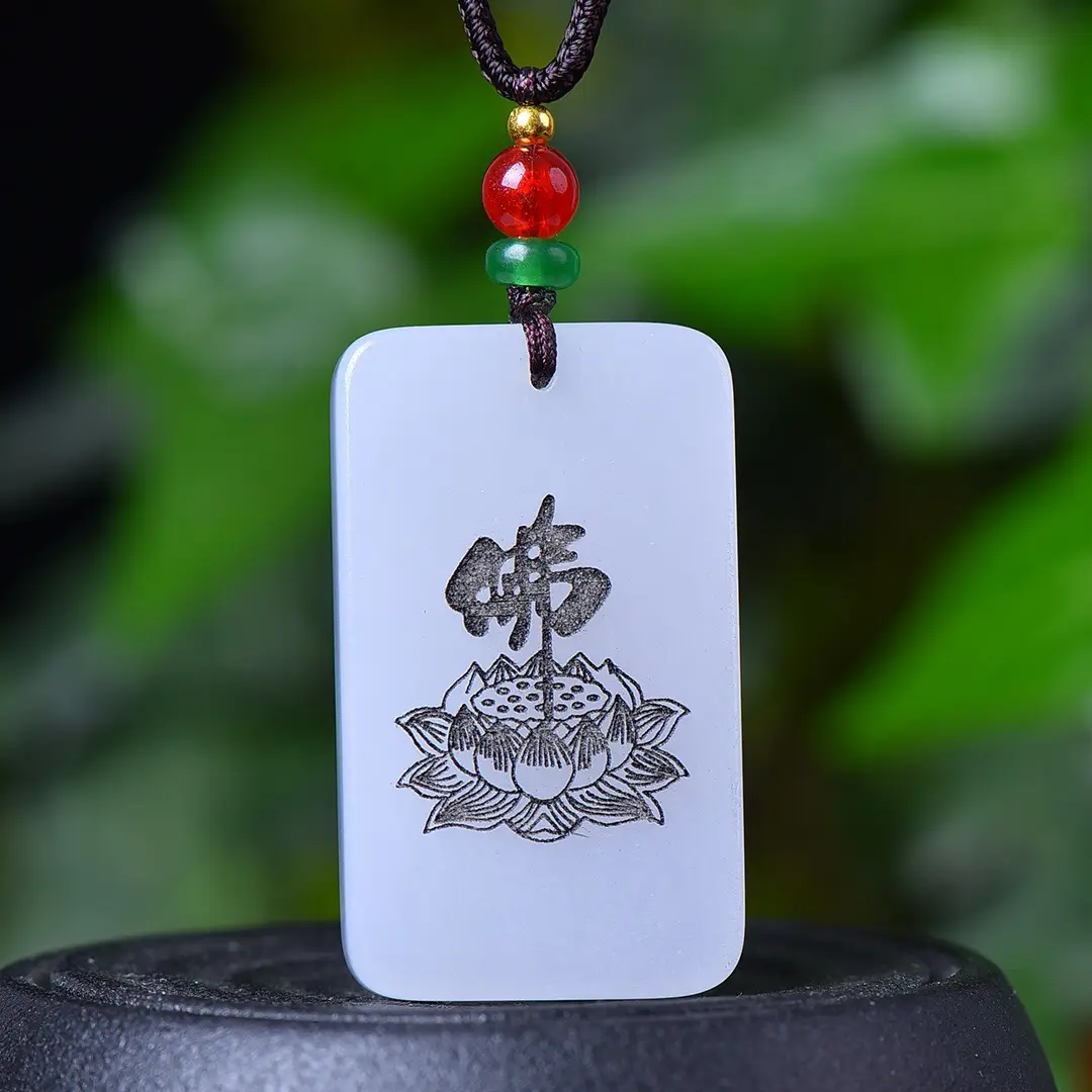 Lotus Buddha Jade Stone Necklace with Gold Silk Chain - Image 3
