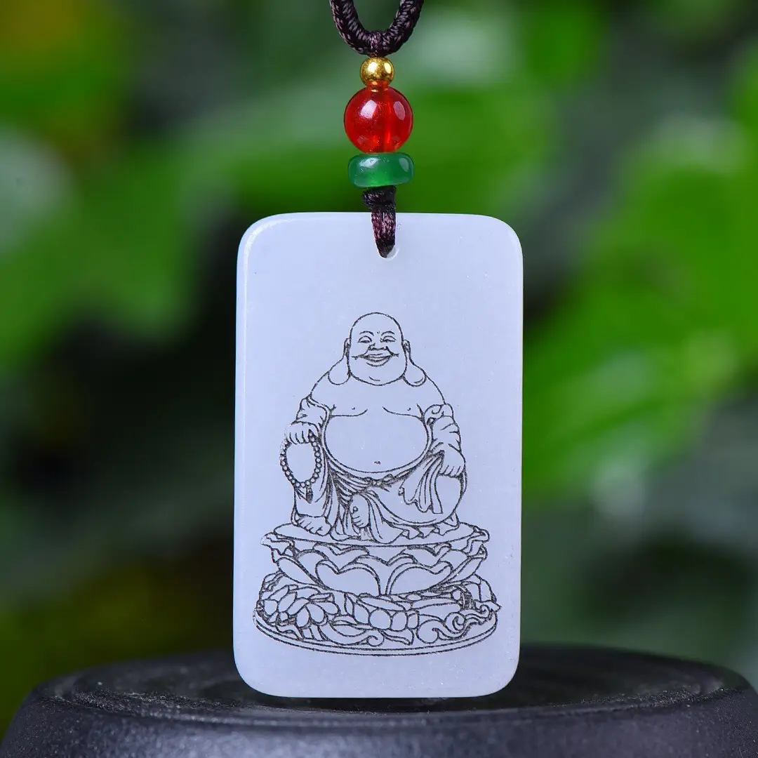 Lotus Buddha Jade Stone Necklace with Gold Silk Chain - Image 4