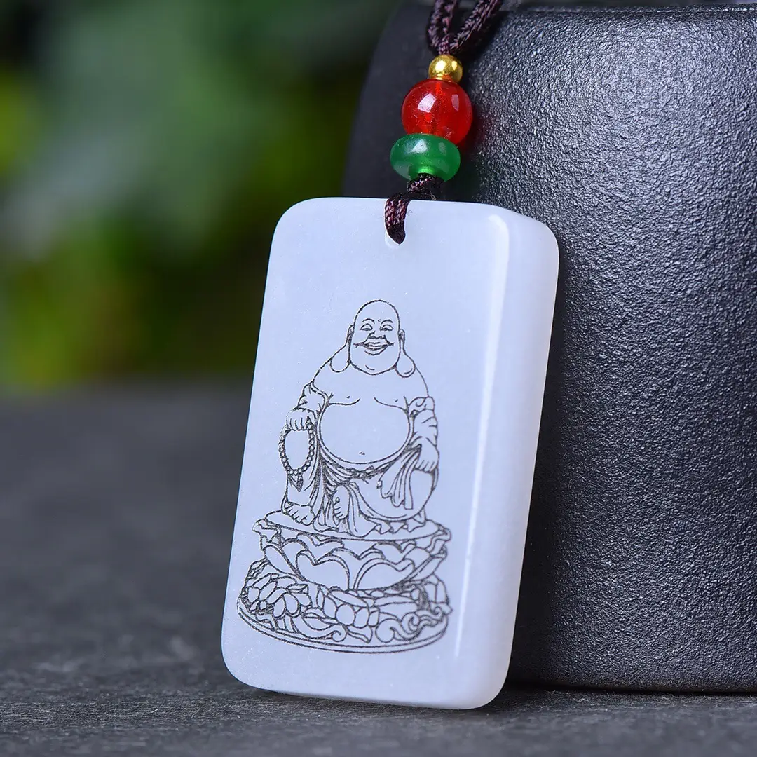 Lotus Buddha Jade Stone Necklace with Gold Silk Chain - Image 5