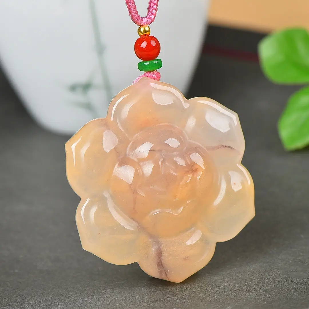 Golden Jade Flower Pendant with Red String - Image 3