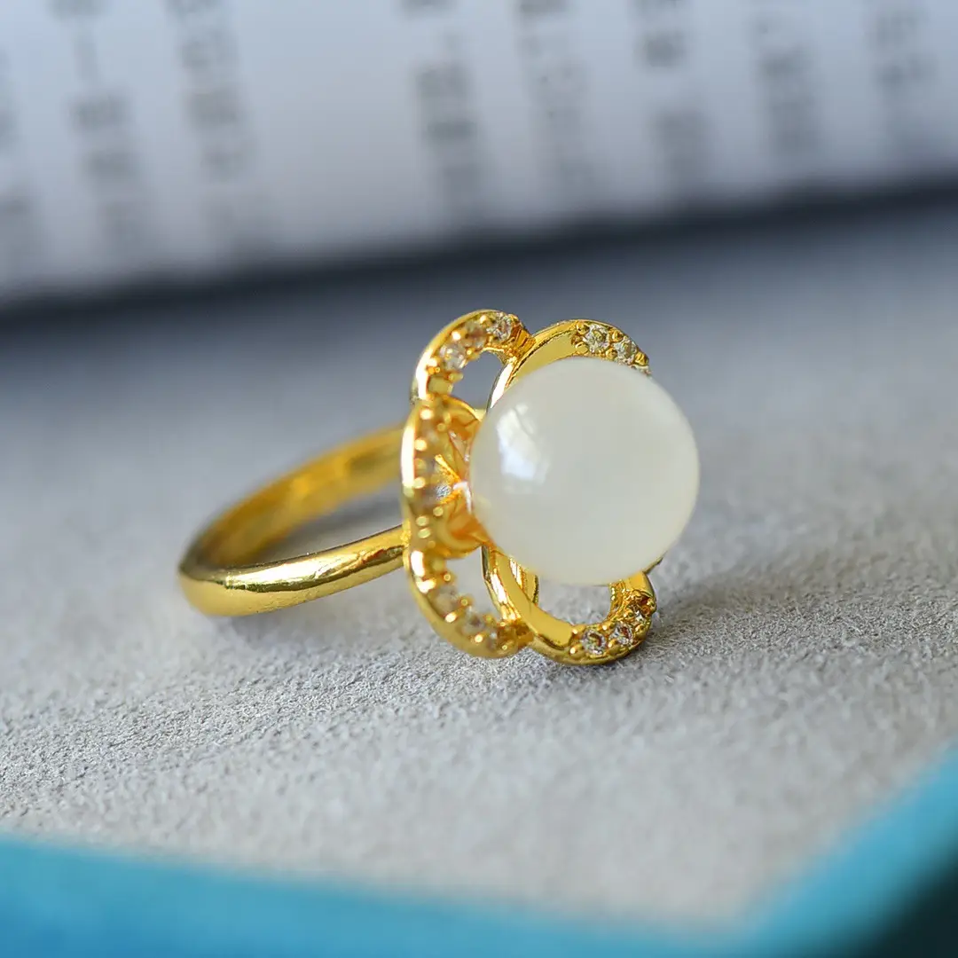 Copper Inlaid Hetian Jade White Jade Ring - Image 4