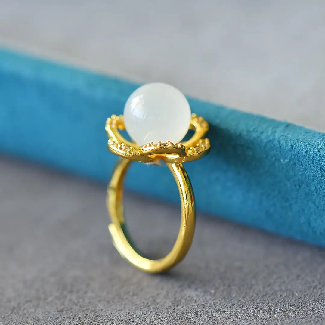 Copper Inlaid Hetian Jade White Jade Ring - Image 5