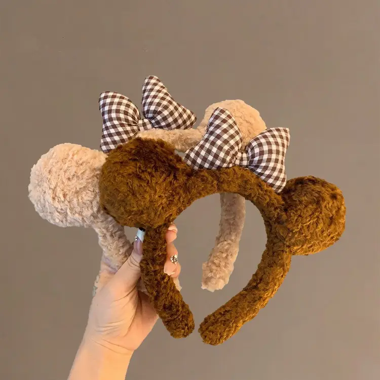 Cute Bow Bear Ears Plush Headband Brown - Image 3