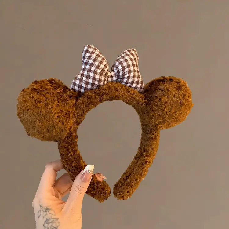 Cute Bow Bear Ears Plush Headband Brown - Image 4
