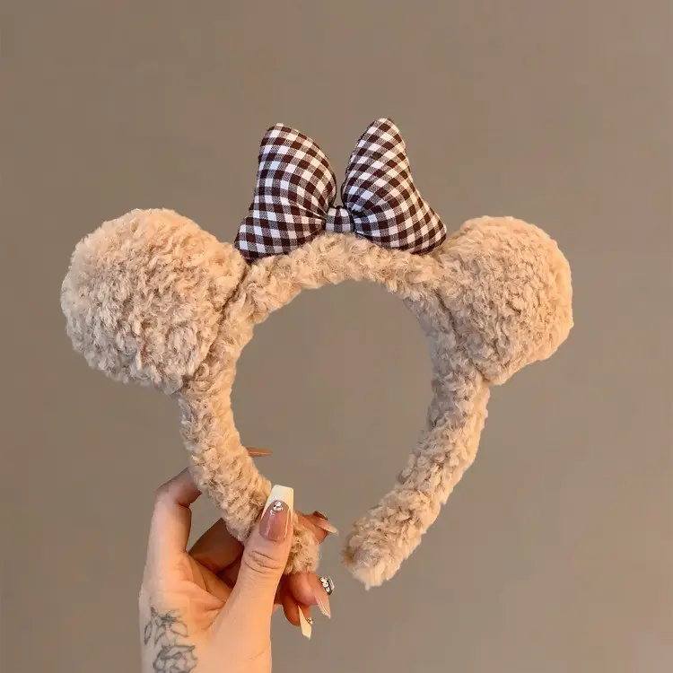 Cute Bow Bear Ears Plush Headband Brown - Image 5