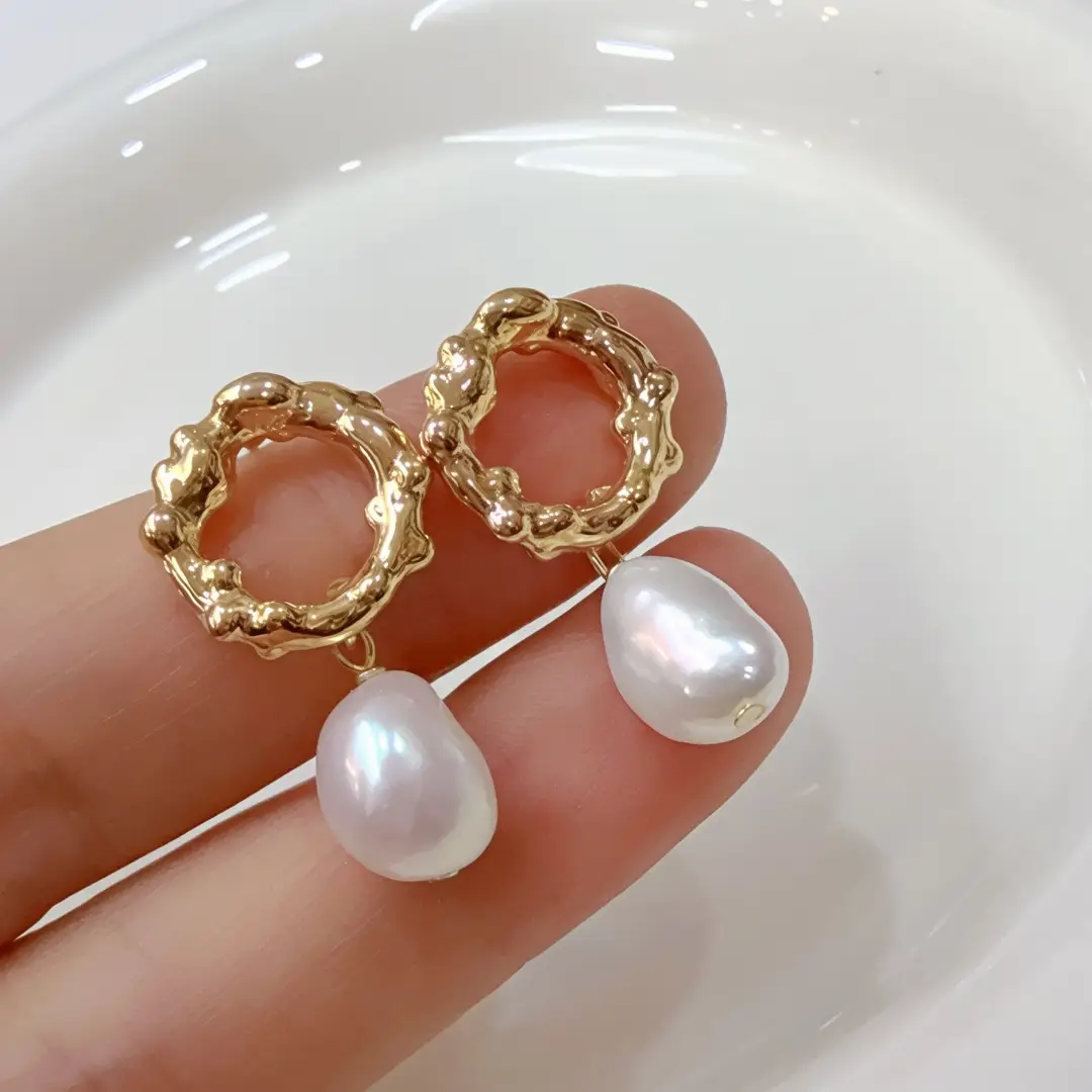 Gold Pearl Baroque Earrings for Women - Image 2