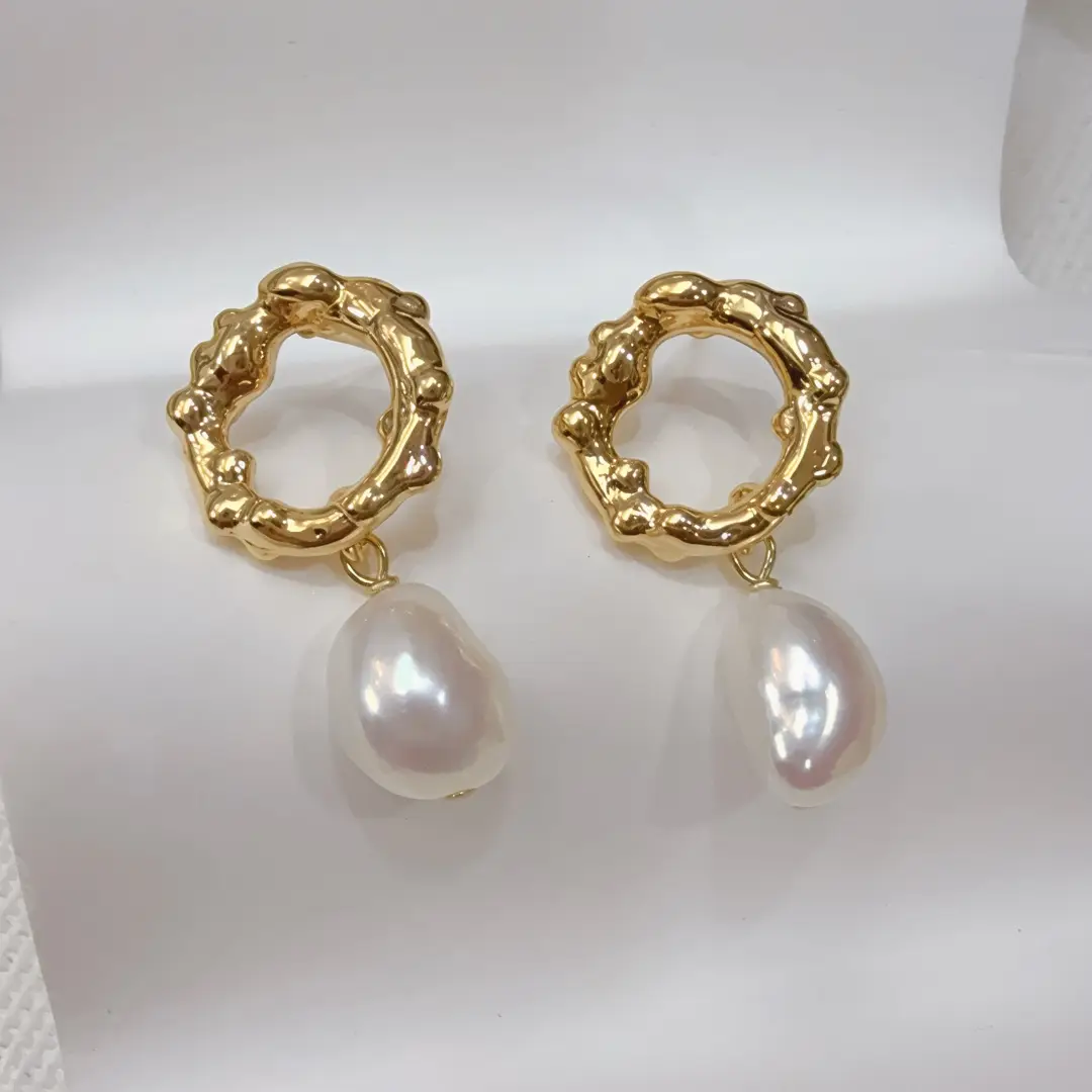 Gold Pearl Baroque Earrings for Women - Image 3