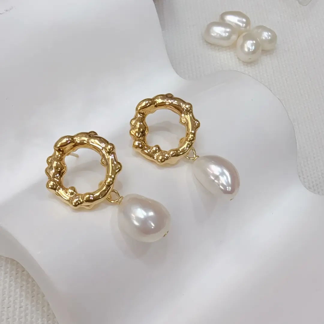 Gold Pearl Baroque Earrings for Women - Image 4