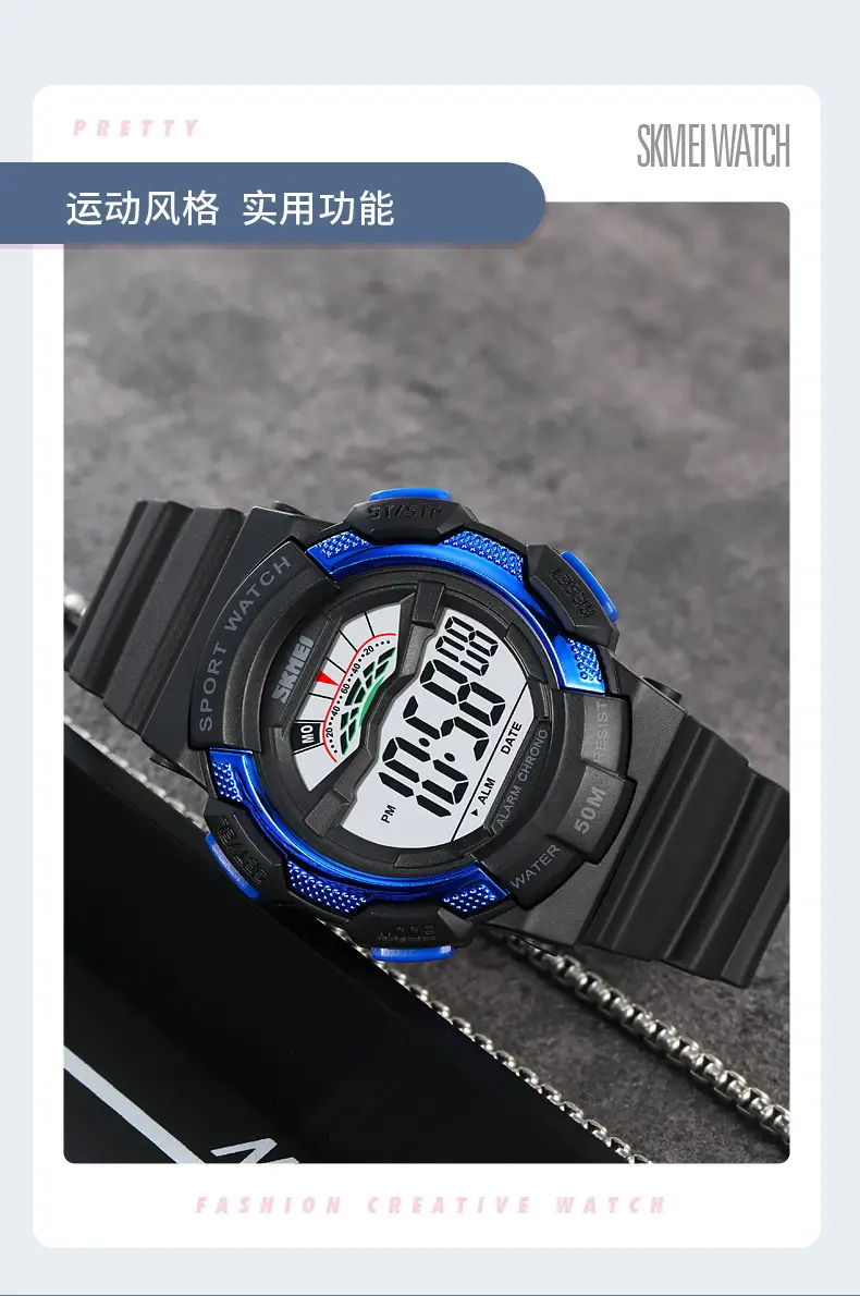 Sports Digital Watch Black Blue Waterproof 10:58 Display — feature 23