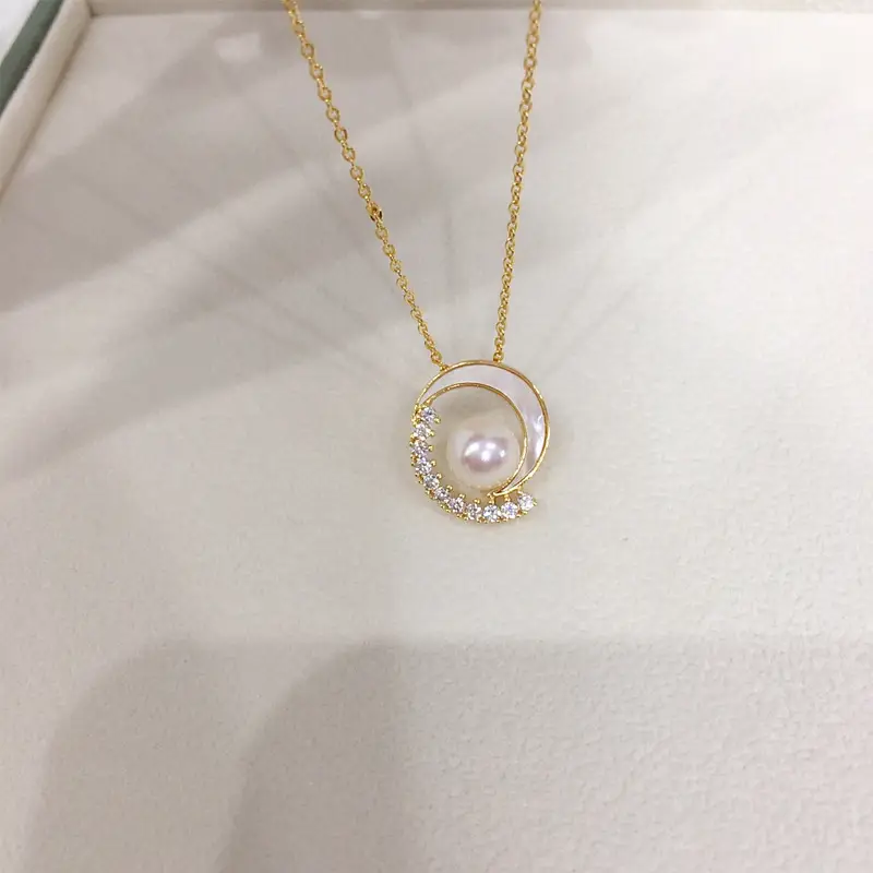 K Gold Pearl Necklace with Fritillaria Star Moon Design