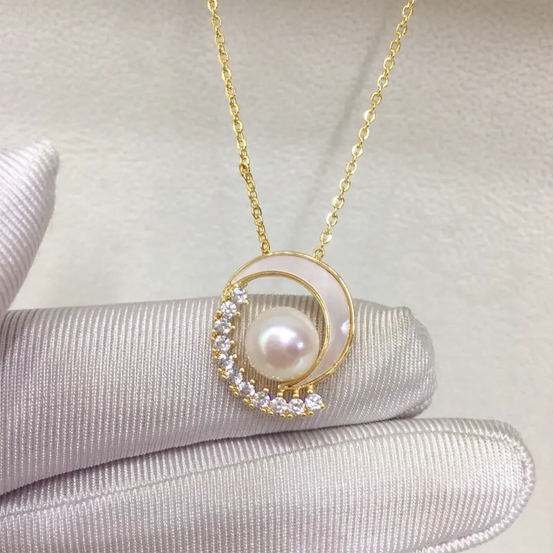 K Gold Pearl Necklace with Fritillaria Star Moon Design