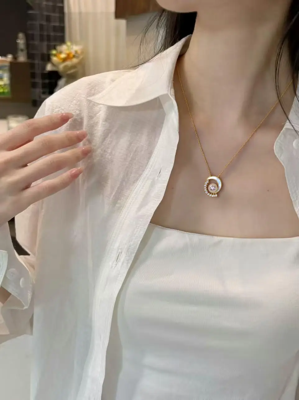 K Gold Pearl Necklace with Fritillaria Star Moon Design — feature 11