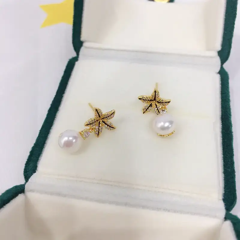 18K Gold Pearl Star Earrings for Women - Image 4