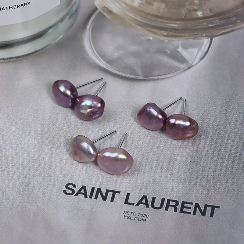 Purple Pearl Earrings S925 Silver Needle Natural Freshwater Pearl - Image 4
