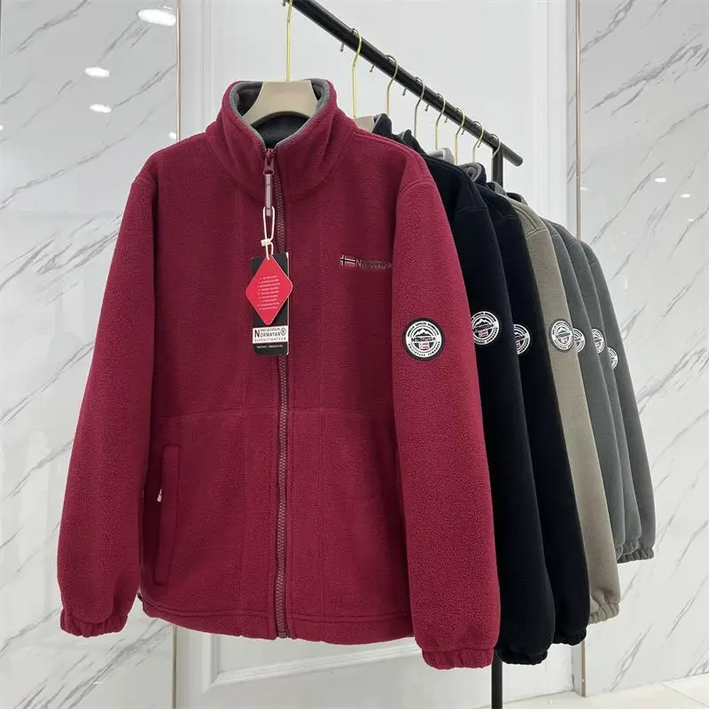 Norwegian Single Velvet Thickeneded Double-Sided Polar Fleece Jacket for Men Autumn and Winter Warm Casual Loose Large Size Jacket